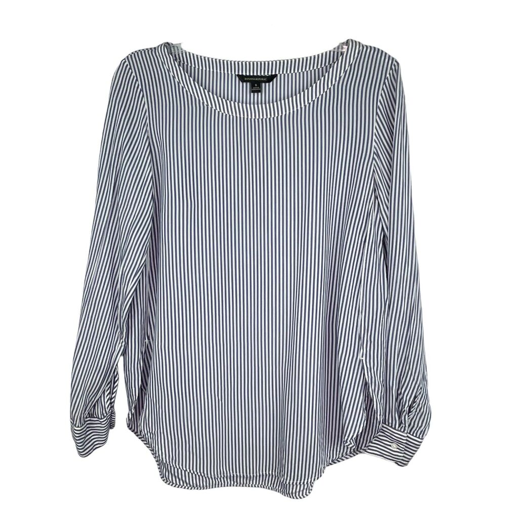 Banana Republic Nautical Blue White Stripe Long Sleeve Tunic Blouse Womens Small